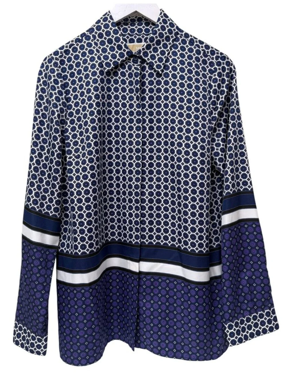 MICHAEL Michael Kors Blouse Navy Blue Durie Border Print Medium Button Front
